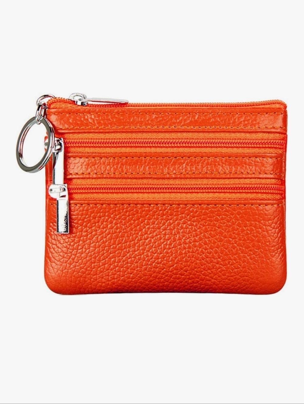Orange Genuine Leather Mini  Zip Card Case Keyring